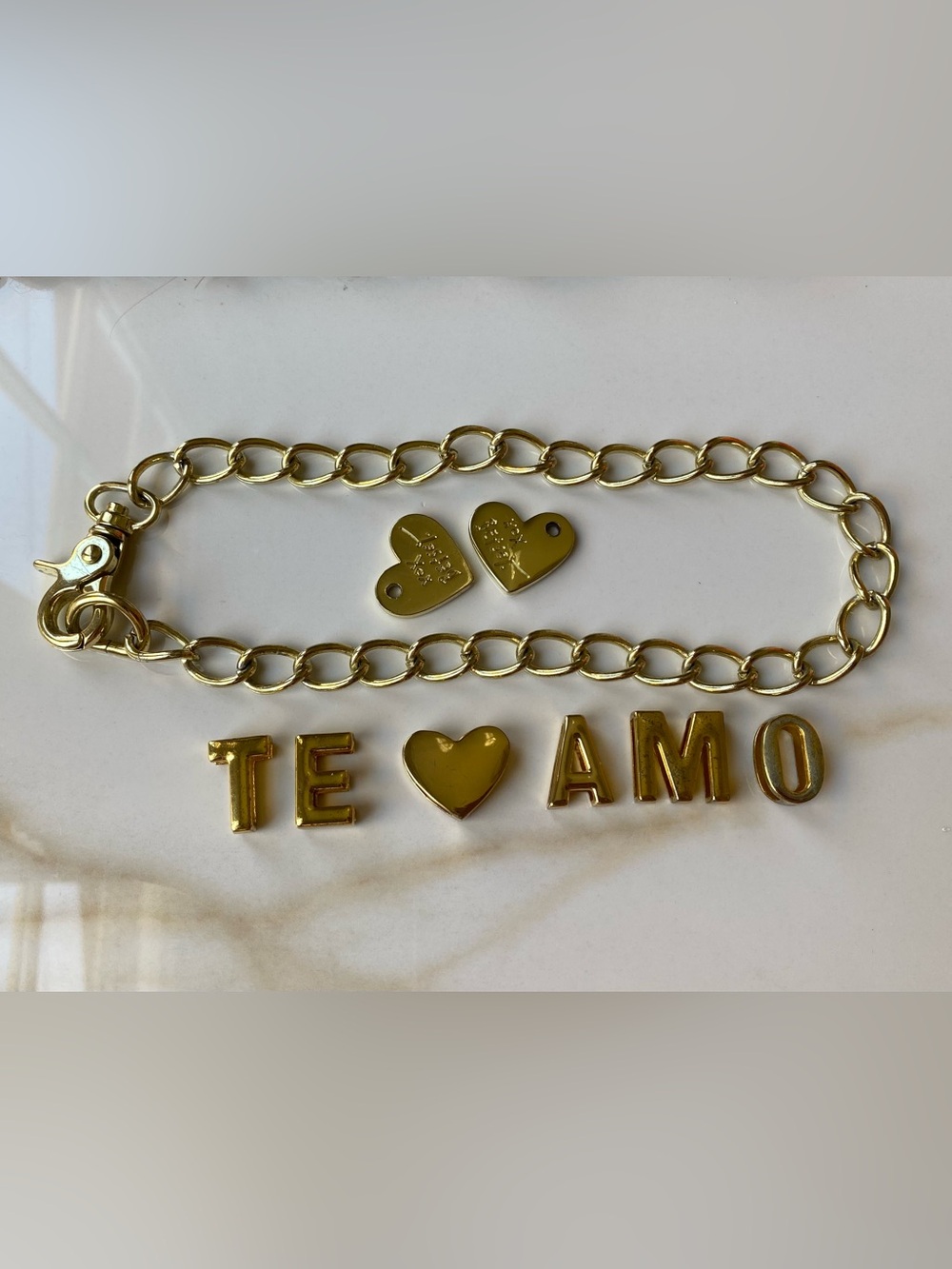 Gold 'TE AMO' Link Charms & Betsey Johnson Gold Tone Chunky Chain & Heart Charms